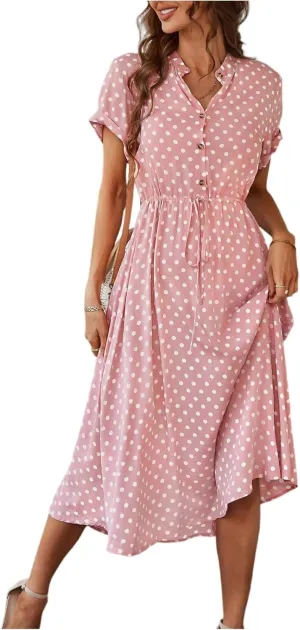 Summer Dresses for Women Trendy Short Sleeve Ruched Tie Waist Dress V Neck Polka Dot Button Down Boho Midi Sundress