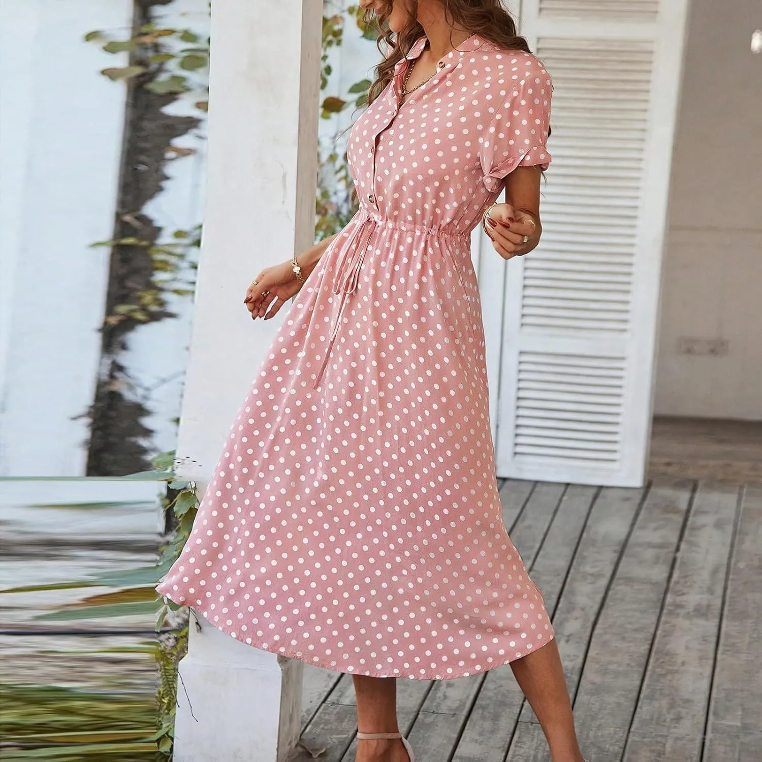 Summer Dresses for Women Trendy Short Sleeve Ruched Tie Waist Dress V Neck Polka Dot Button Down Boho Midi Sundress