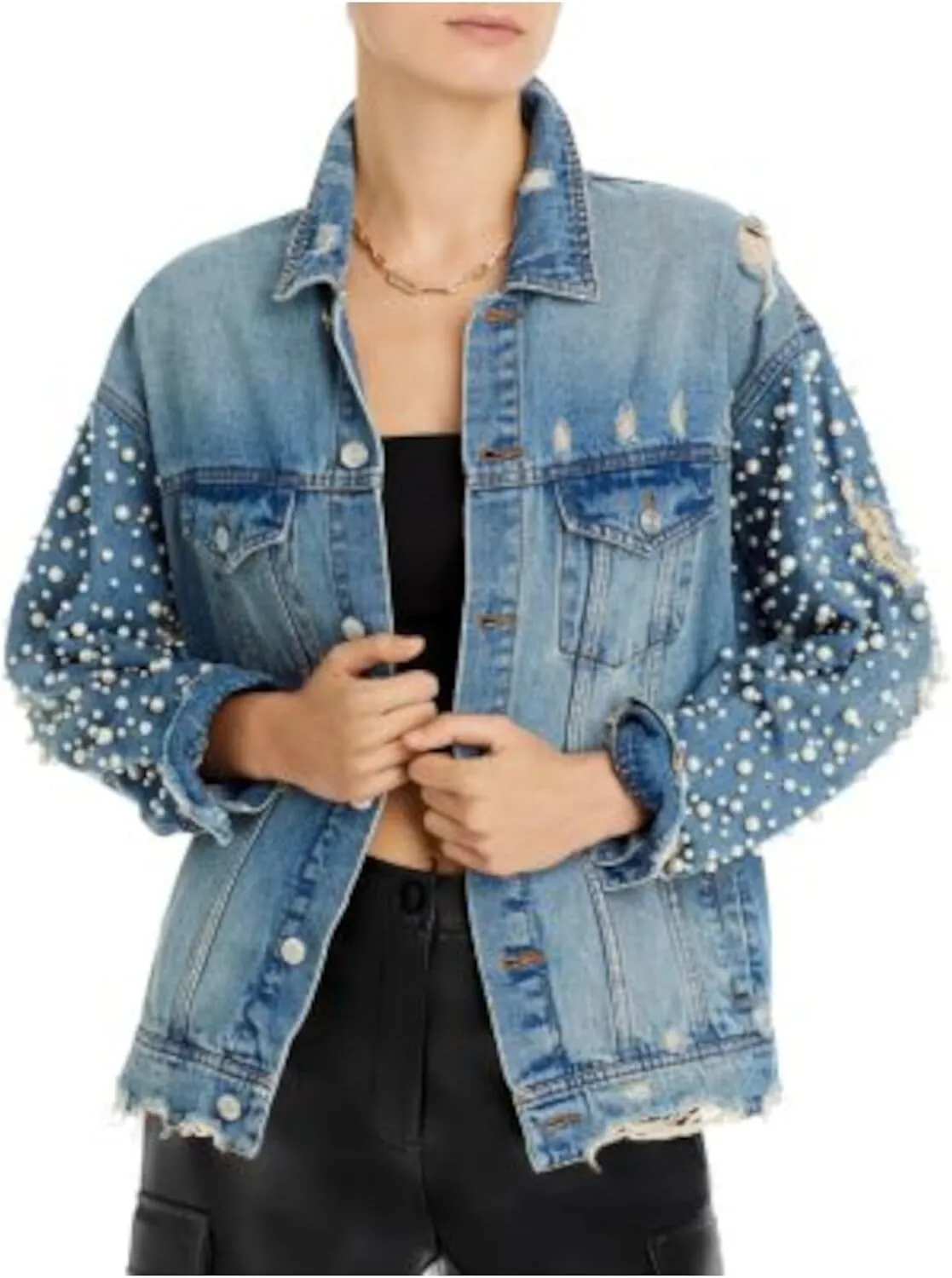 SUNSET & SPRING Womens Blue Beaded Pocketed Button Front Adjustable Button Denim Jacket XS