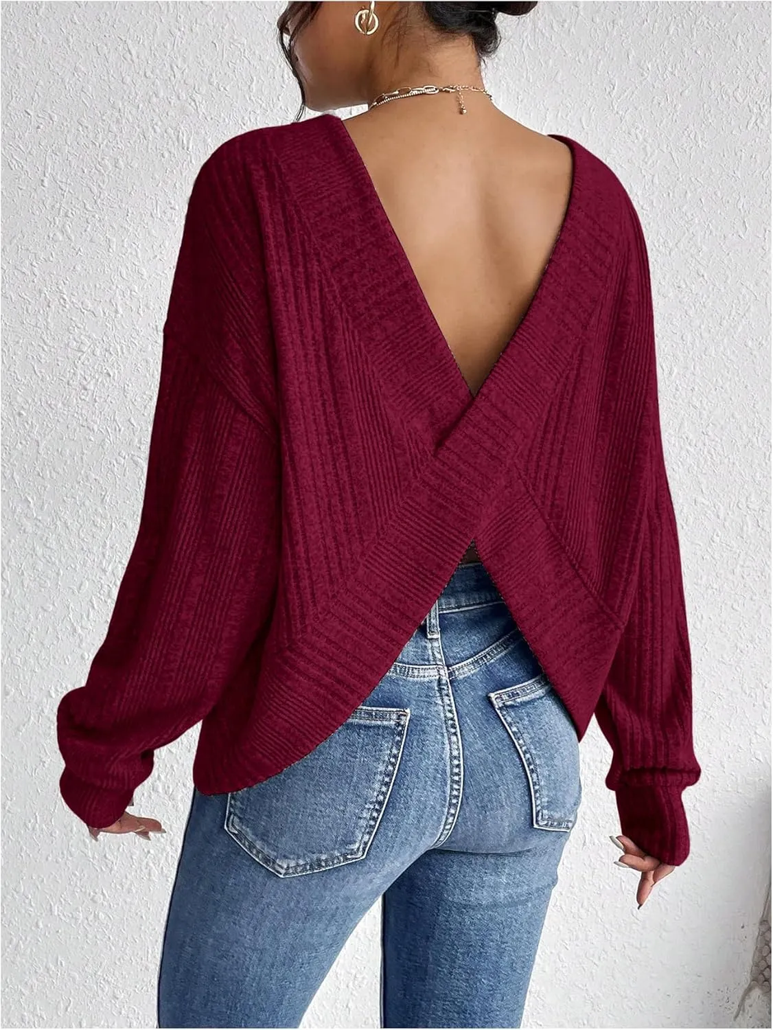 SweatyRocks Women's Criss Cross Round Neck Pullover Sweaters Long Sleeve Loose Cut Out Back Knit Tee Tops Backless Shirts