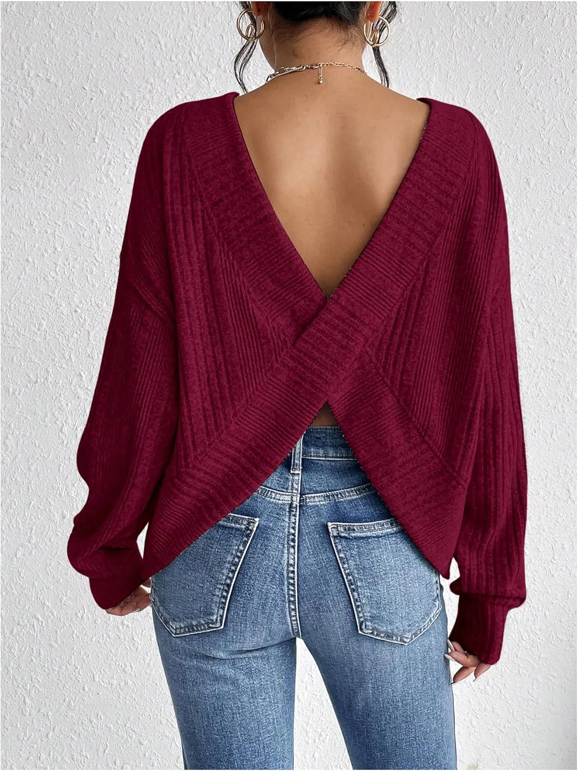 SweatyRocks Women's Criss Cross Round Neck Pullover Sweaters Long Sleeve Loose Cut Out Back Knit Tee Tops Backless Shirts