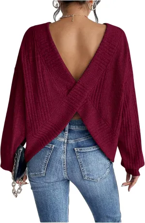 SweatyRocks Women's Criss Cross Round Neck Pullover Sweaters Long Sleeve Loose Cut Out Back Knit Tee Tops Backless Shirts