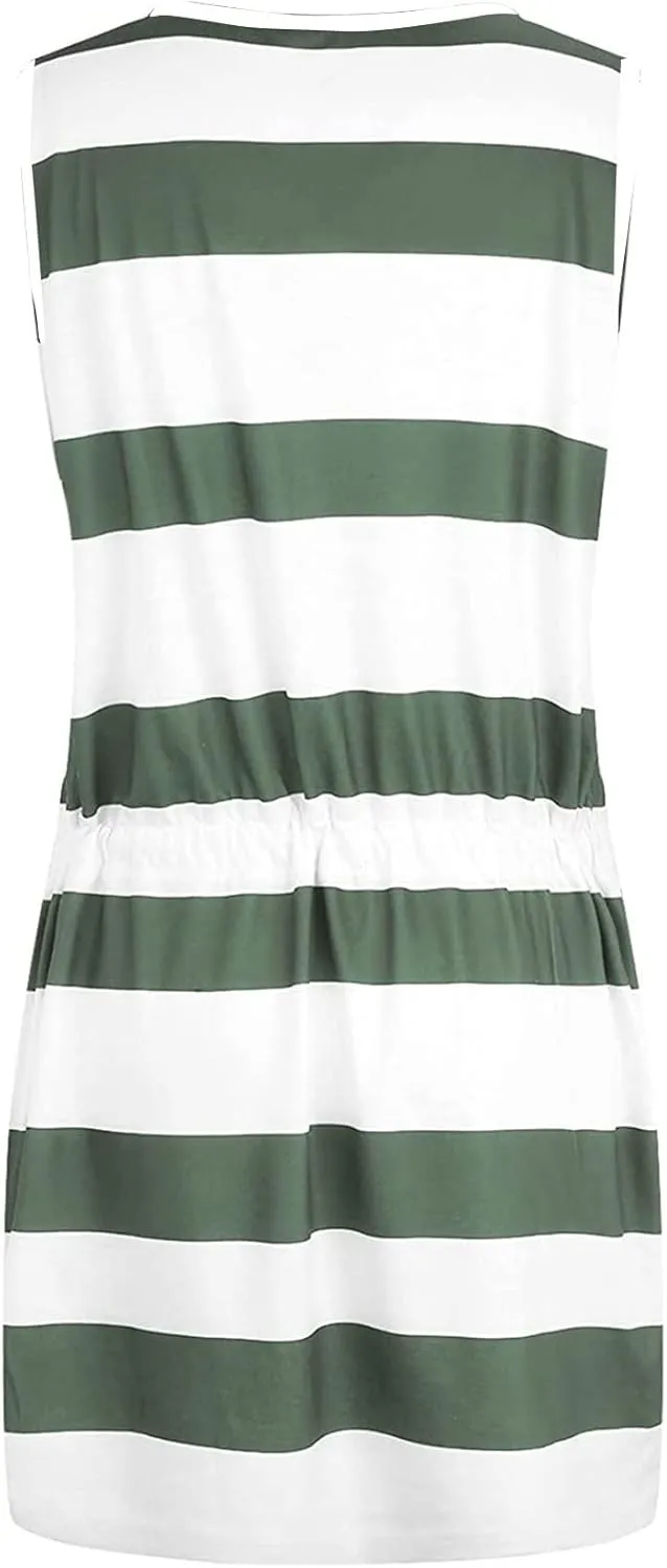 TARIENDY Dresses for Women Casual Summer Striped Dress Sleeveless Drawstring Sundress Comfy Vacation Outfits with Pockets