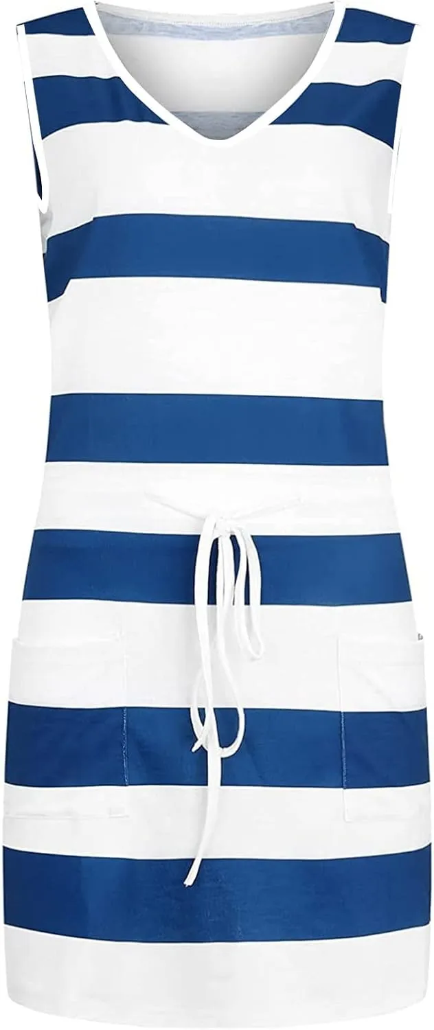 TARIENDY Dresses for Women Casual Summer Striped Dress Sleeveless Drawstring Sundress Comfy Vacation Outfits with Pockets
