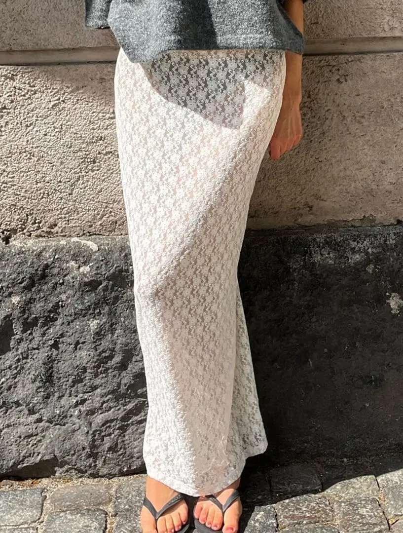 THLAI Womens Casual Solid Maxi Lace See Through Skirt Sexy Lounge Skirt
