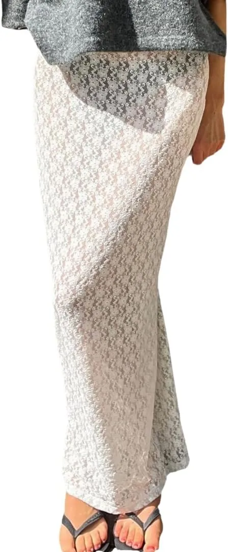 THLAI Womens Casual Solid Maxi Lace See Through Skirt Sexy Lounge Skirt