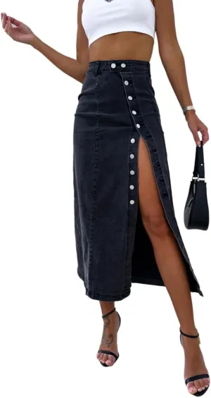 THLAI Womens Denim Irregular Split Skirt High Waisted Midi Skirts Solid Slim Y2K Skirt