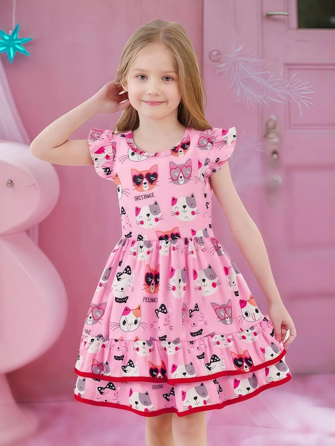 Toddler Little Girl Summer Dresses Kids Cute Casual Flutter Sleeve Tiered Smock Dress 2-7 Years