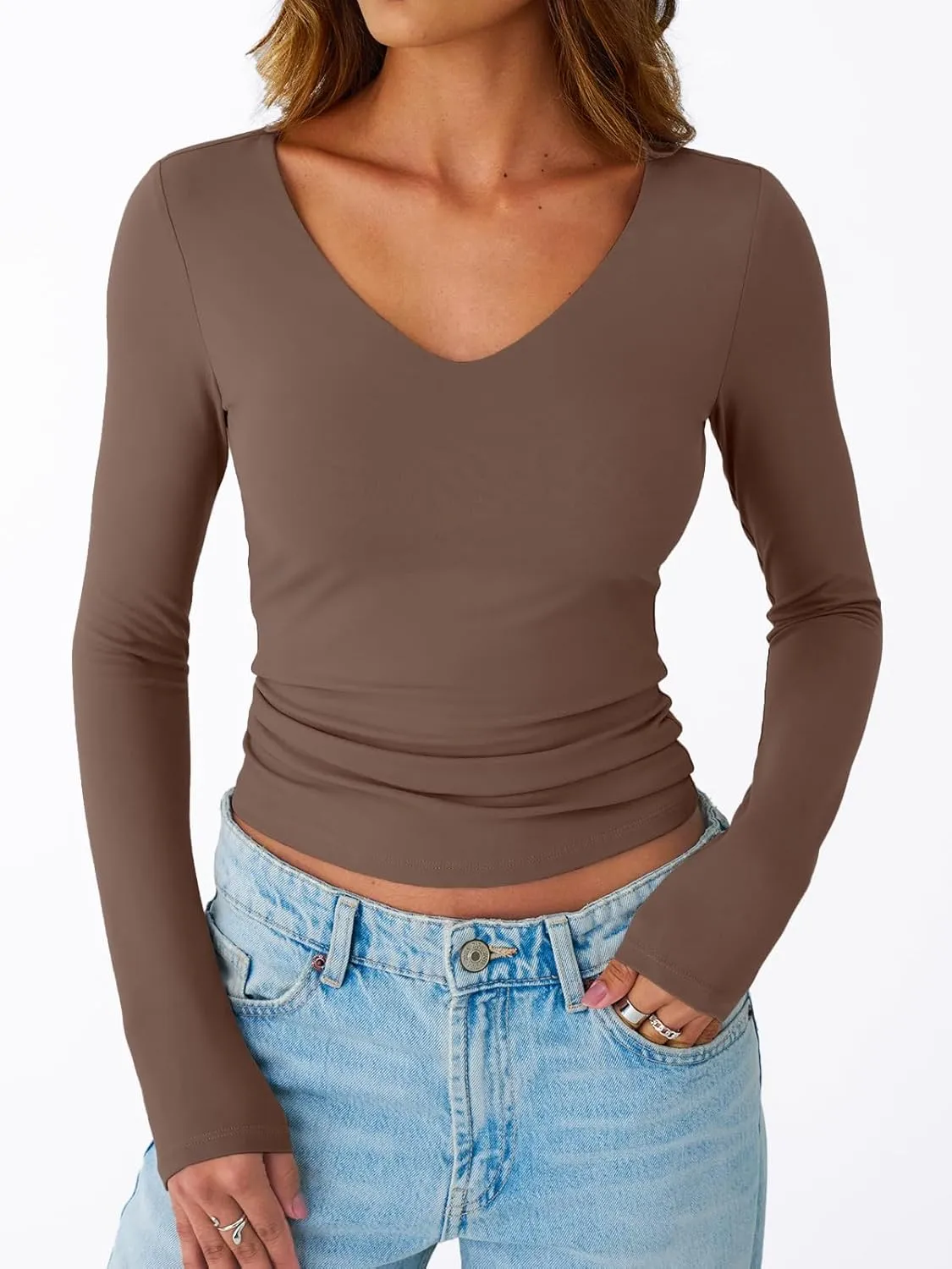 Trendy Queen Womens V Neck Long Sleeve Shirt 2025 Fall Fitted Crop Top Going Out Basic Tee Y2k Clothes