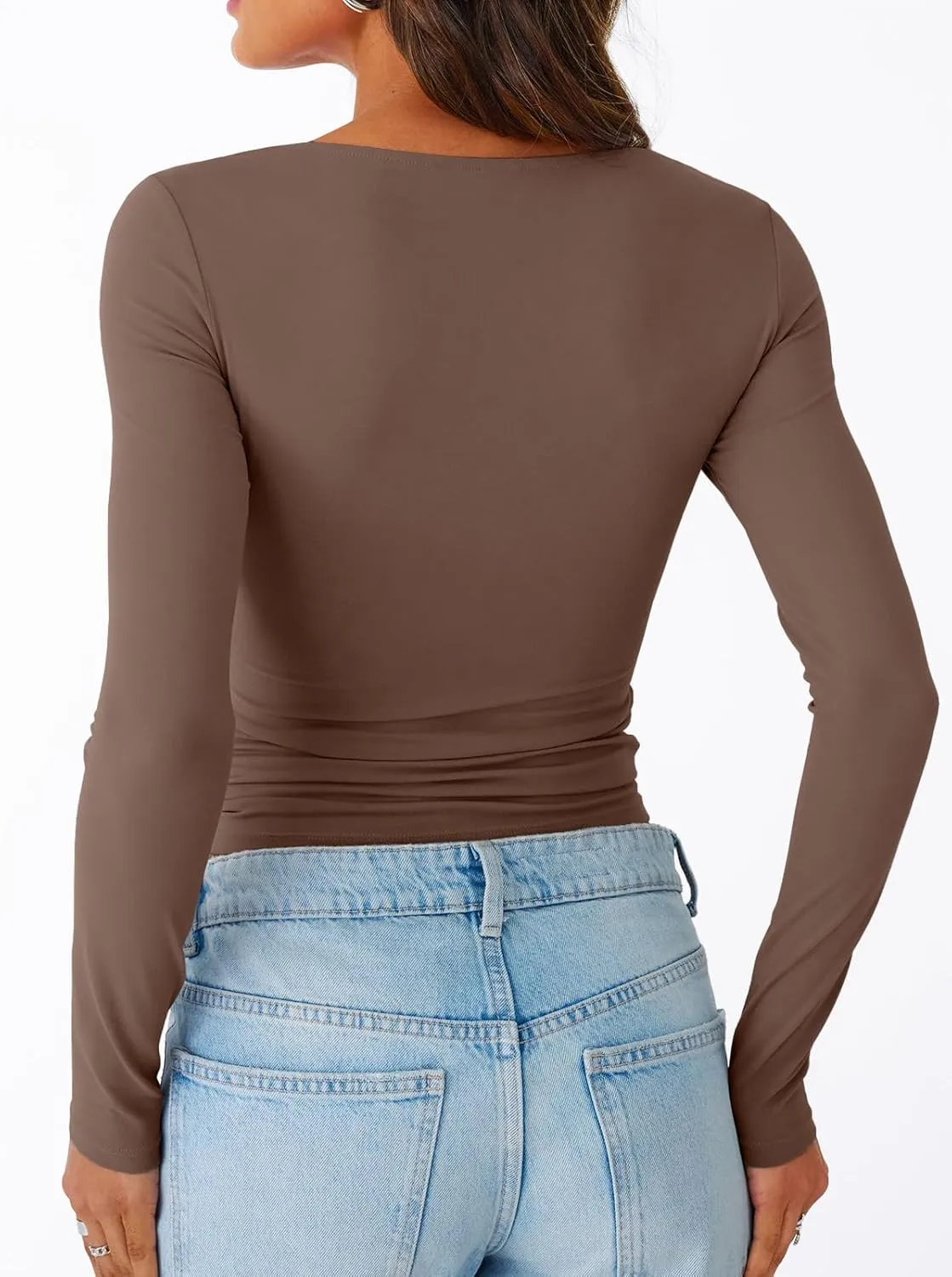 Trendy Queen Womens V Neck Long Sleeve Shirt 2025 Fall Fitted Crop Top Going Out Basic Tee Y2k Clothes