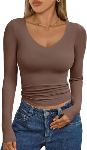 Trendy Queen Womens V Neck Long Sleeve Shirt 2025 Fall Fitted Crop Top Going Out Basic Tee Y2k Clothes