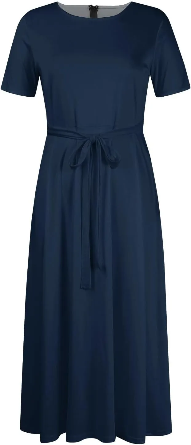 Trendy Short Sleeve Maxi Dress Casual Plus Size Crewneck Long Dress Elegant Formal A Line Smocked Flowy Party Dress