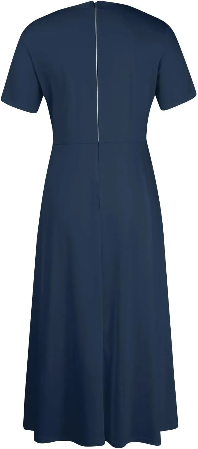Trendy Short Sleeve Maxi Dress Casual Plus Size Crewneck Long Dress Elegant Formal A Line Smocked Flowy Party Dress