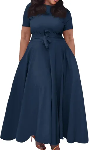 Trendy Short Sleeve Maxi Dress Casual Plus Size Crewneck Long Dress Elegant Formal A Line Smocked Flowy Party Dress