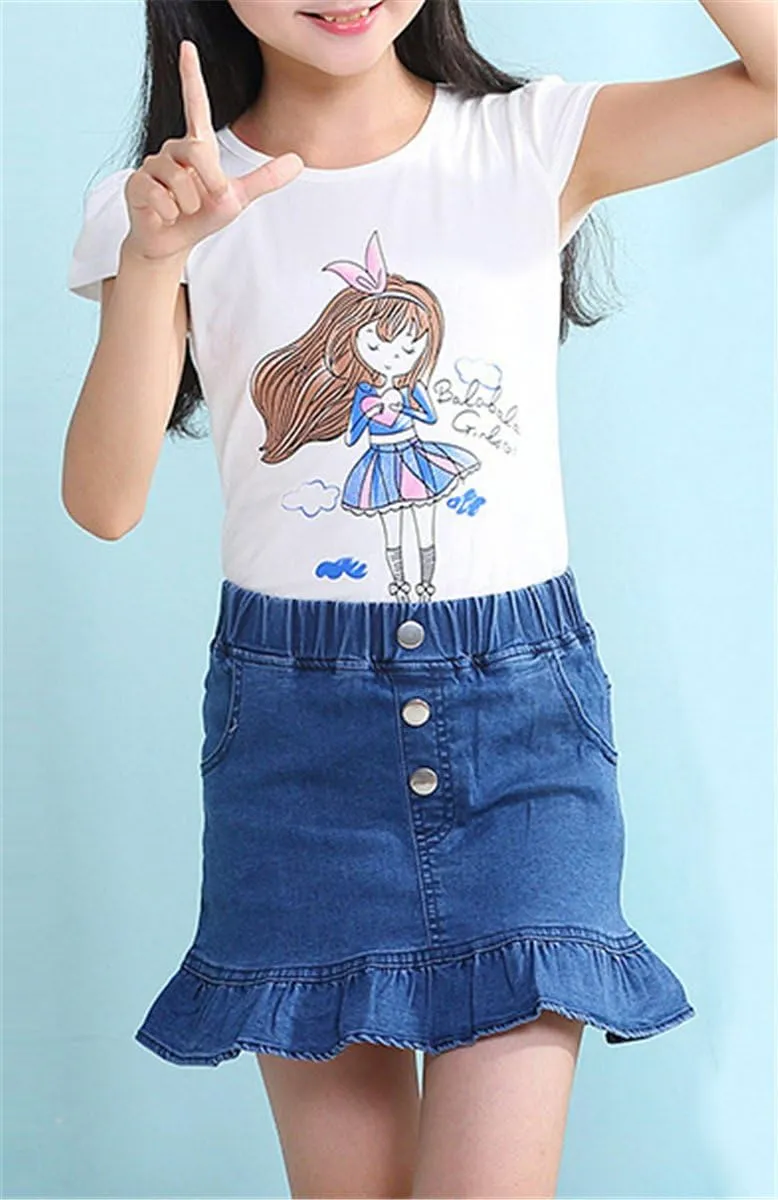 Umeyda Girls Skirts Casual Stretch Waist Denim Skirts A-line Ruffle Short Mini Jean for Kid