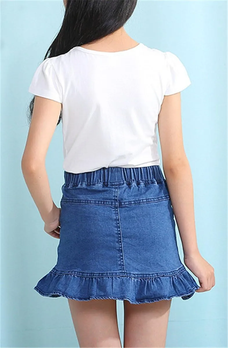 Umeyda Girls Skirts Casual Stretch Waist Denim Skirts A-line Ruffle Short Mini Jean for Kid