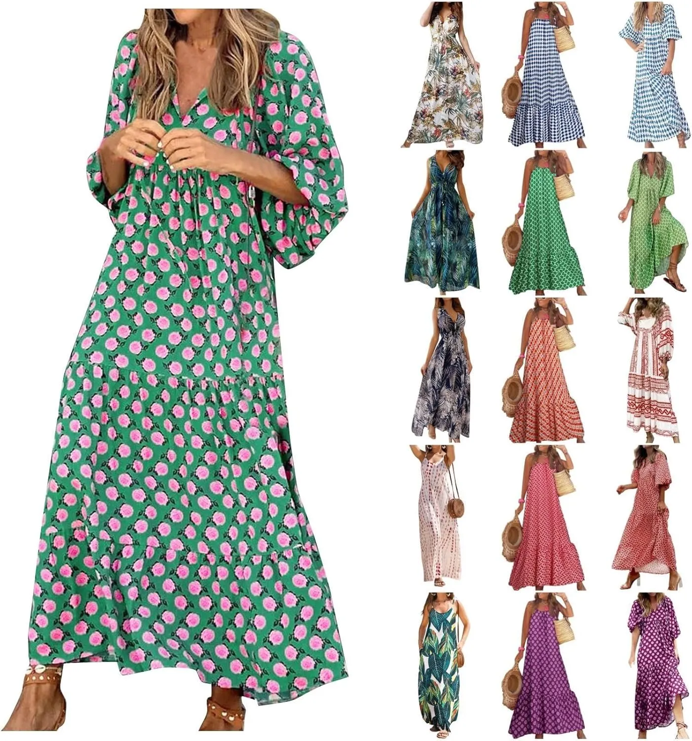 uSecee Boho Dresses for Women 2024 Casual Loose Bohemian Floral Dress Summer Beach Dress A Line Swing Flowy Long Maxi Dress