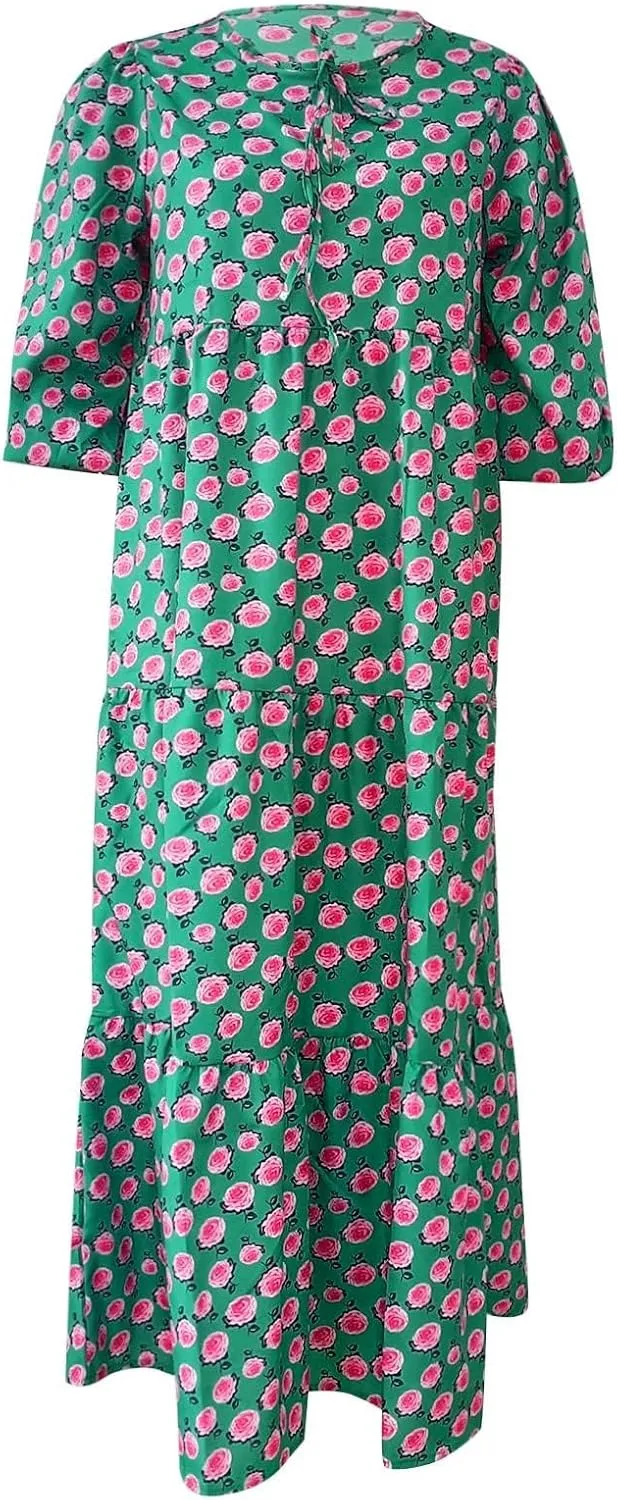 uSecee Boho Dresses for Women 2024 Casual Loose Bohemian Floral Dress Summer Beach Dress A Line Swing Flowy Long Maxi Dress
