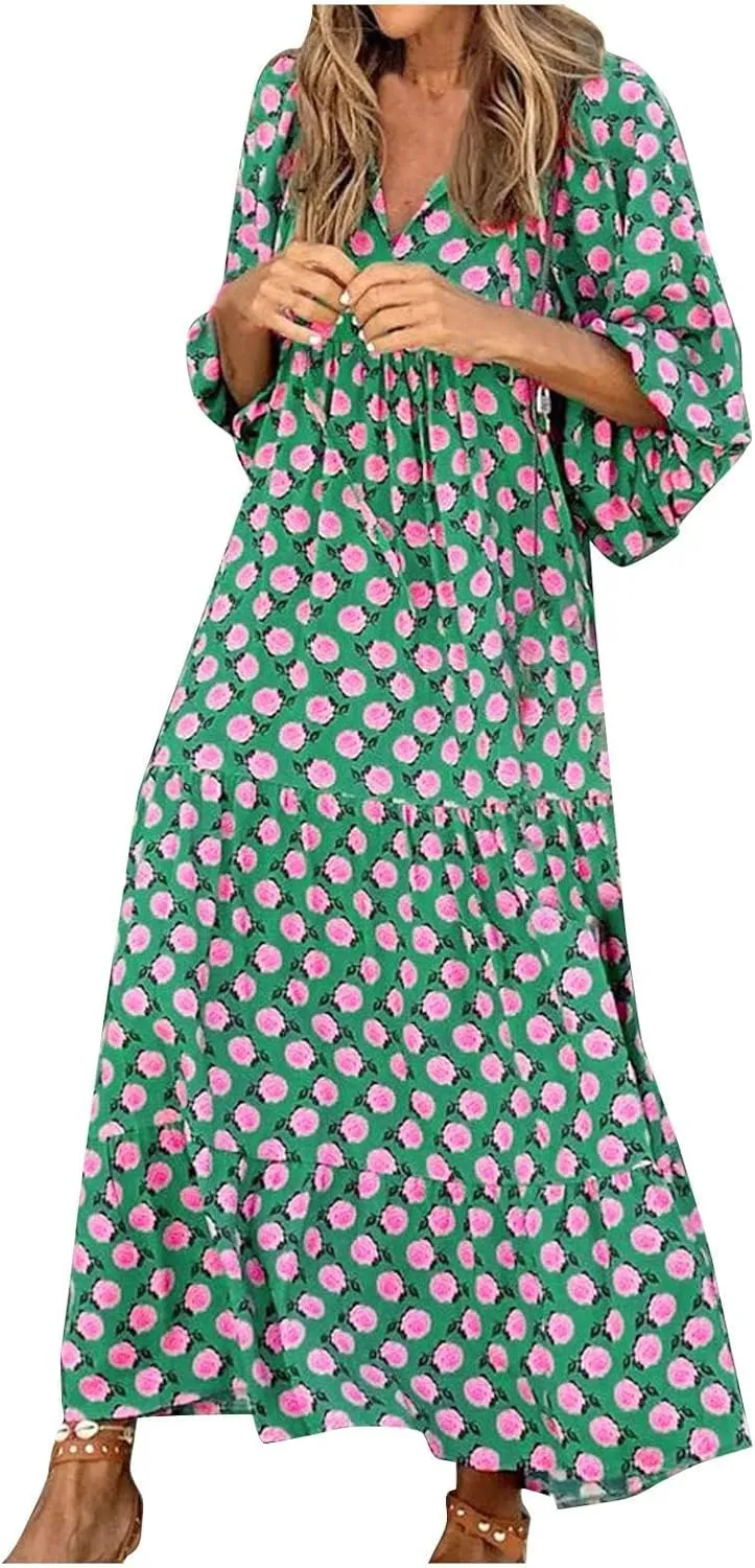 uSecee Boho Dresses for Women 2024 Casual Loose Bohemian Floral Dress Summer Beach Dress A Line Swing Flowy Long Maxi Dress