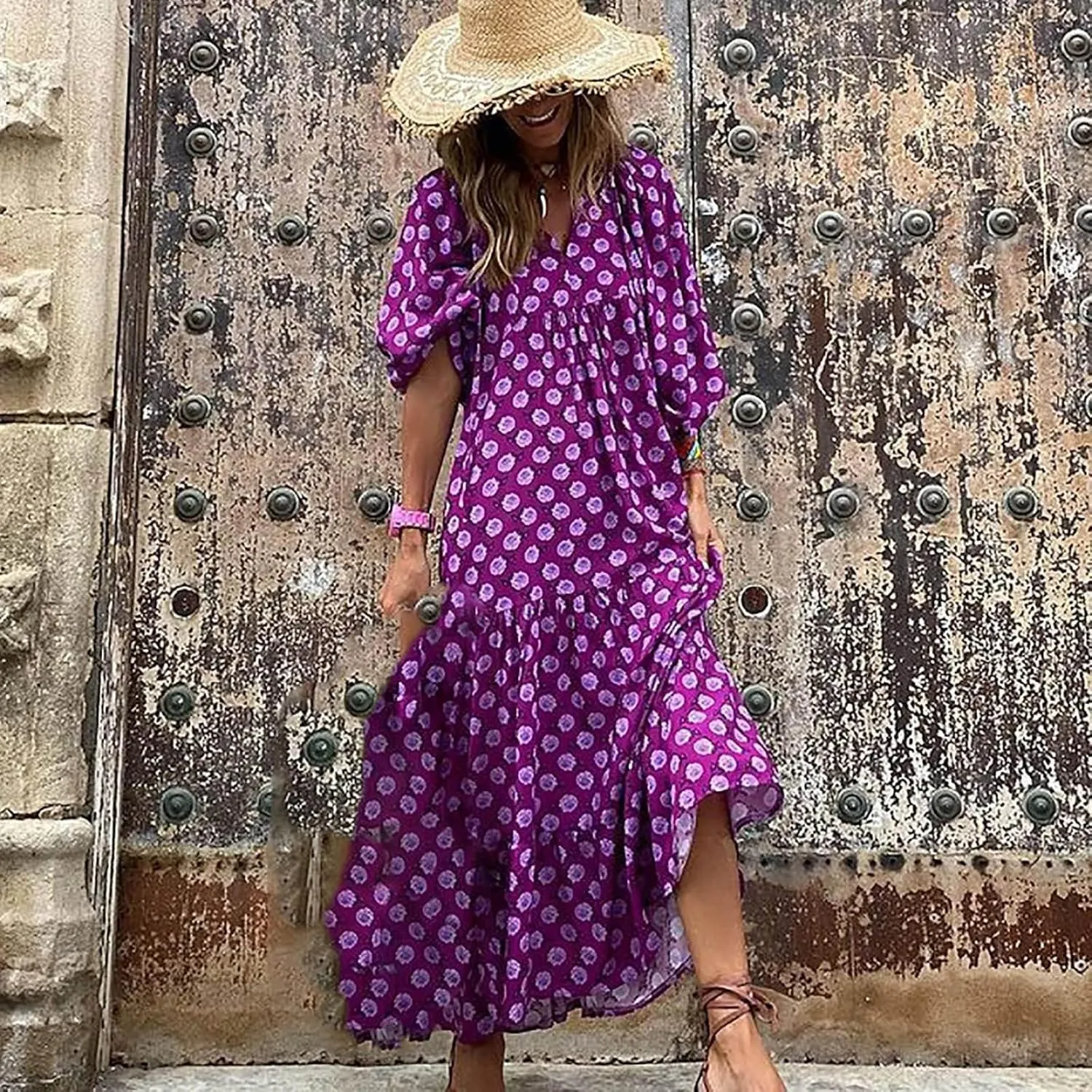 uSecee Boho Dresses for Women 2024 Casual Loose Bohemian Floral Dress Summer Beach Dress A Line Swing Flowy Long Maxi Dress