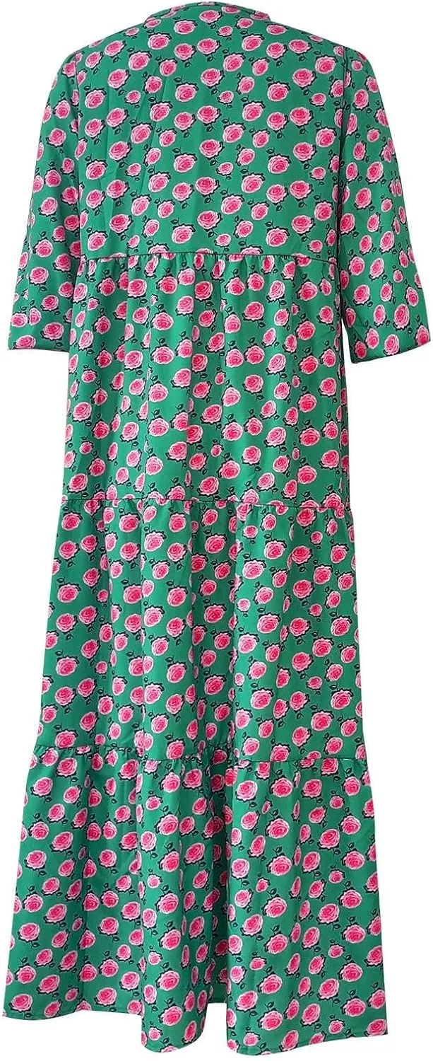 uSecee Boho Dresses for Women 2024 Casual Loose Bohemian Floral Dress Summer Beach Dress A Line Swing Flowy Long Maxi Dress