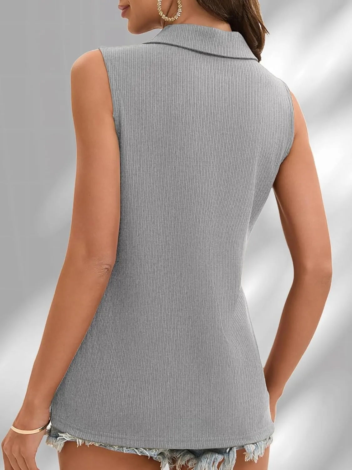 V Neck Tank Tops for Women Summer Sleeveless Blouses Casual Collared Shirts Solid Color Stretchy Loose Fit Top