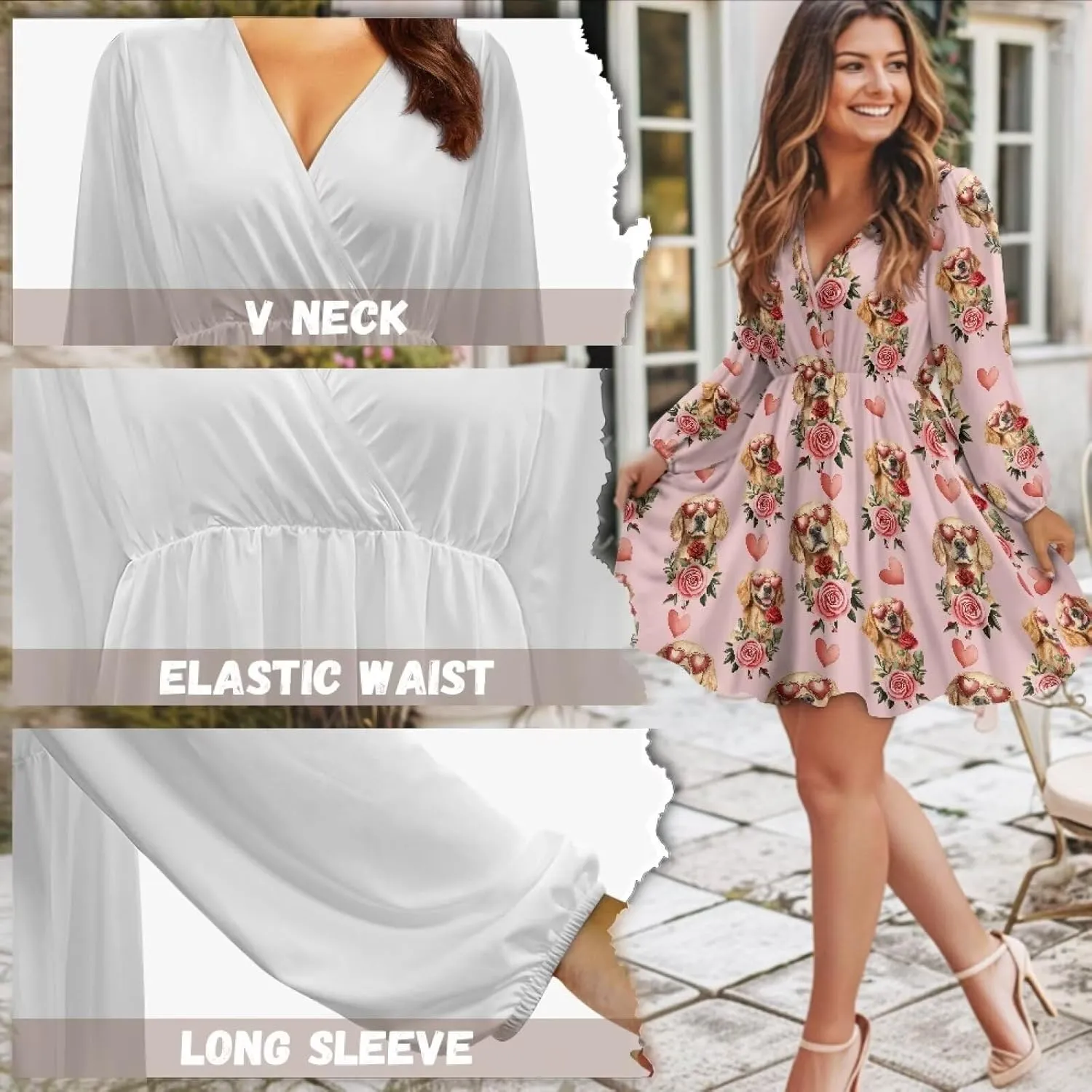 Valentines Day Dress Long Sleeve Mini Dress for Women Heart Print Dress Fall Swing Flowy A Line Dresses S-2XL