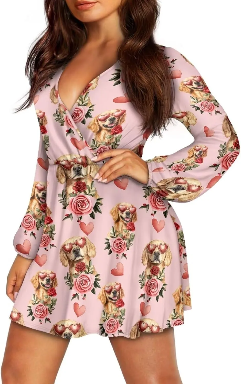 Valentines Day Dress Long Sleeve Mini Dress for Women Heart Print Dress Fall Swing Flowy A Line Dresses S-2XL
