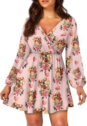 Valentines Day Dress Long Sleeve Mini Dress for Women Heart Print Dress Fall Swing Flowy A Line Dresses S-2XL