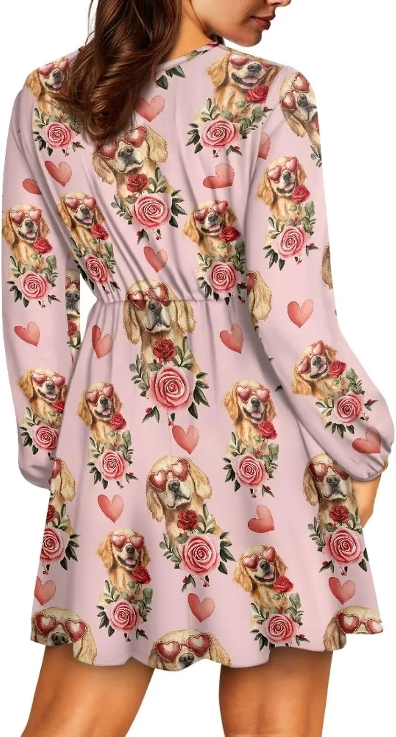Valentines Day Dress Long Sleeve Mini Dress for Women Heart Print Dress Fall Swing Flowy A Line Dresses S-2XL