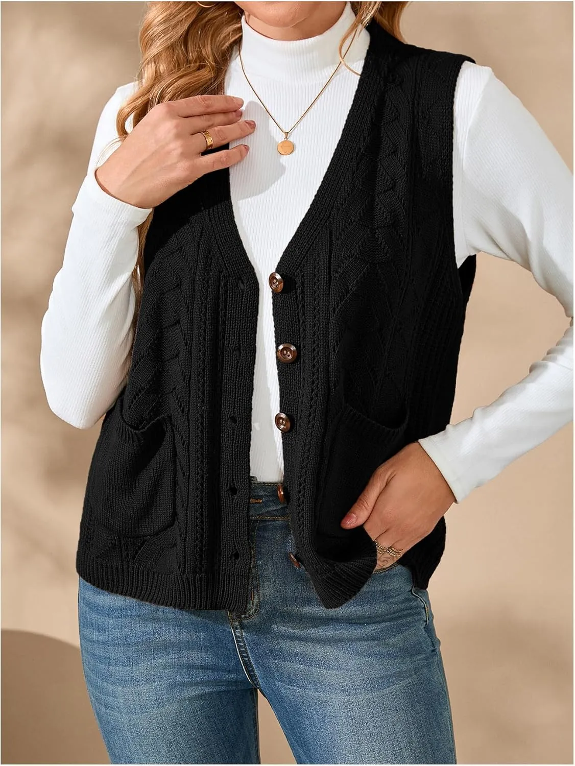 Verdusa Women's Knit Sweater Vest Sleeveless Button Down Cardigan Outwear with Pockets