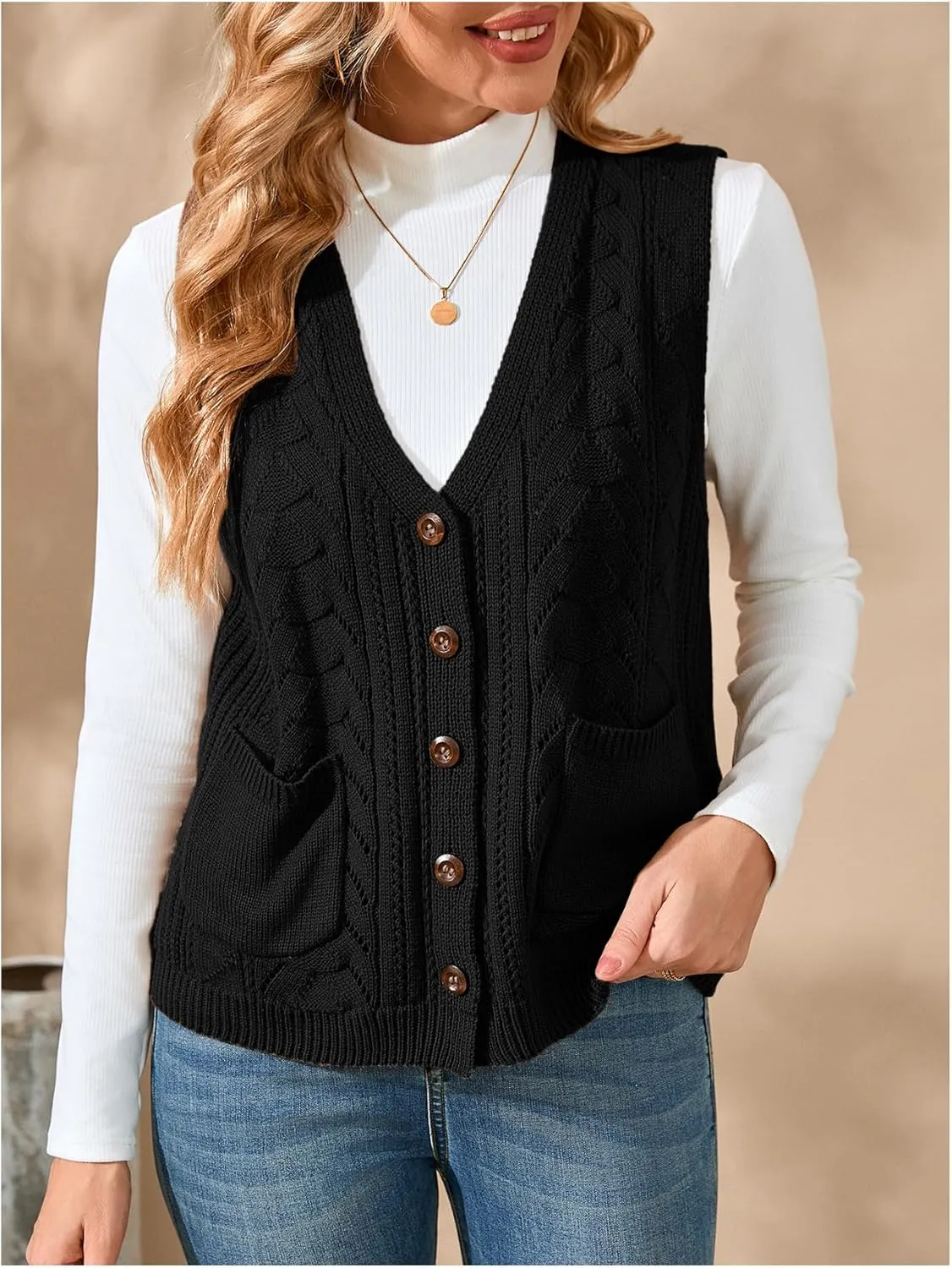 Verdusa Women's Knit Sweater Vest Sleeveless Button Down Cardigan Outwear with Pockets