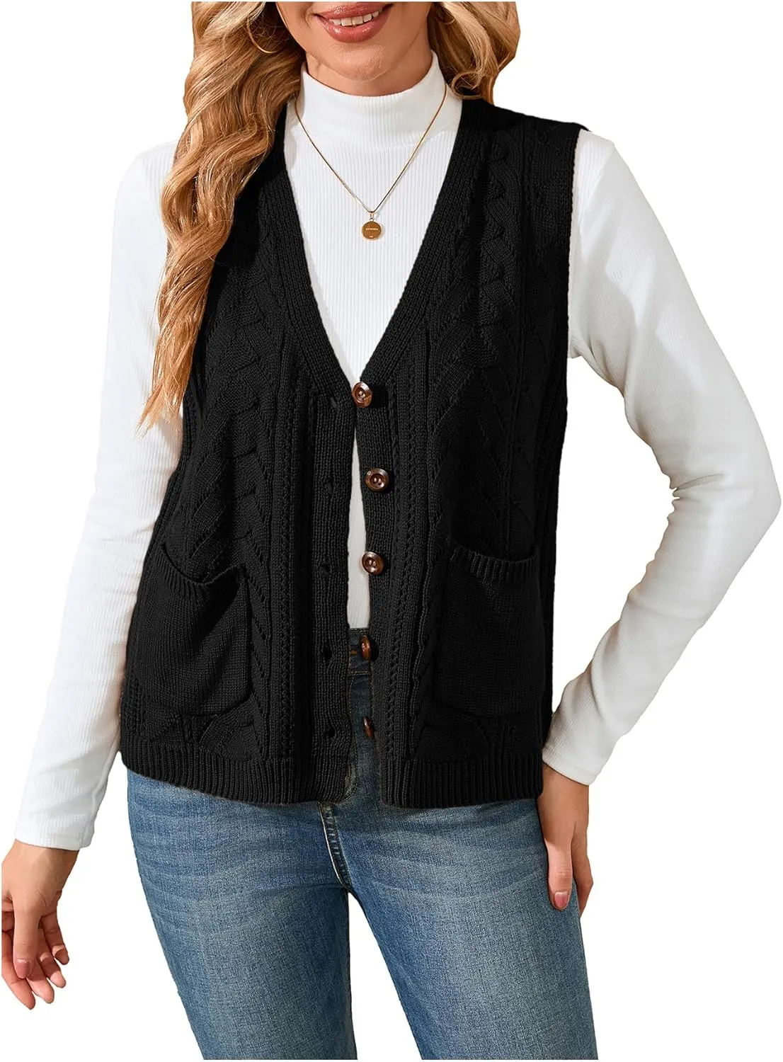 Verdusa Women's Knit Sweater Vest Sleeveless Button Down Cardigan Outwear with Pockets