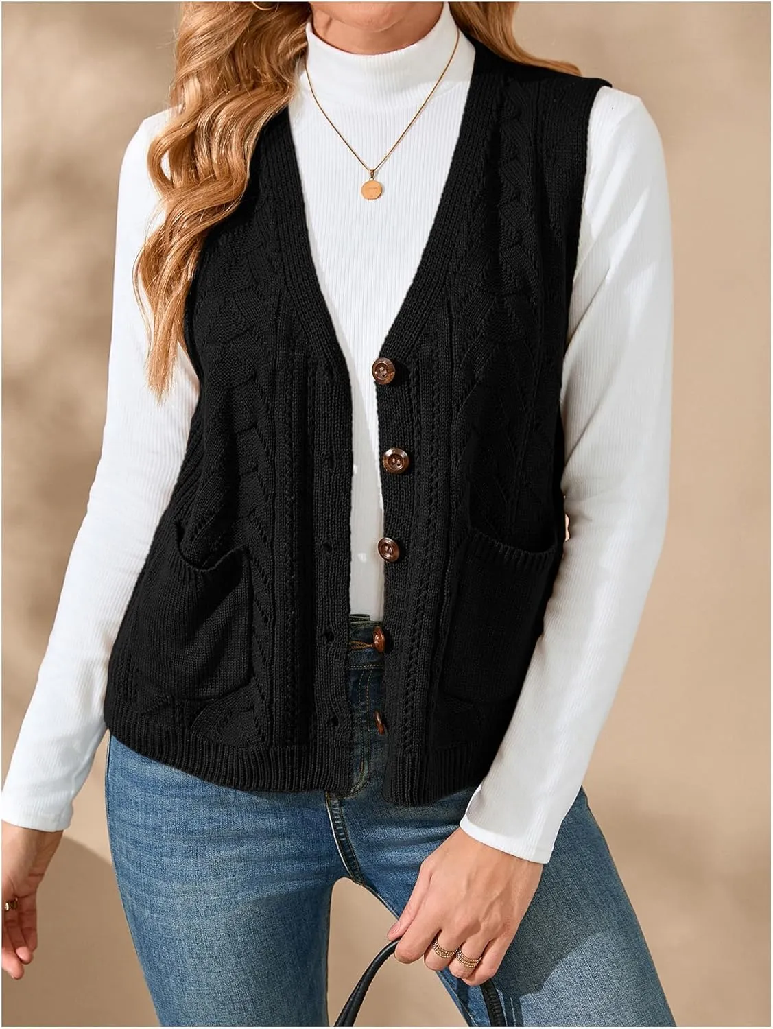 Verdusa Women's Knit Sweater Vest Sleeveless Button Down Cardigan Outwear with Pockets