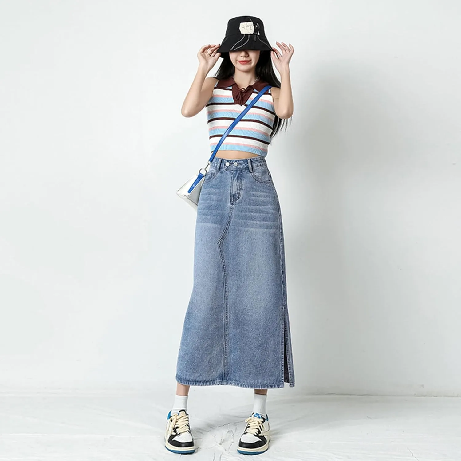 Viatabuna Denim Skirts for Women Midi Length High Waist Side Slit A Line Long Jean Skirt with Pockets