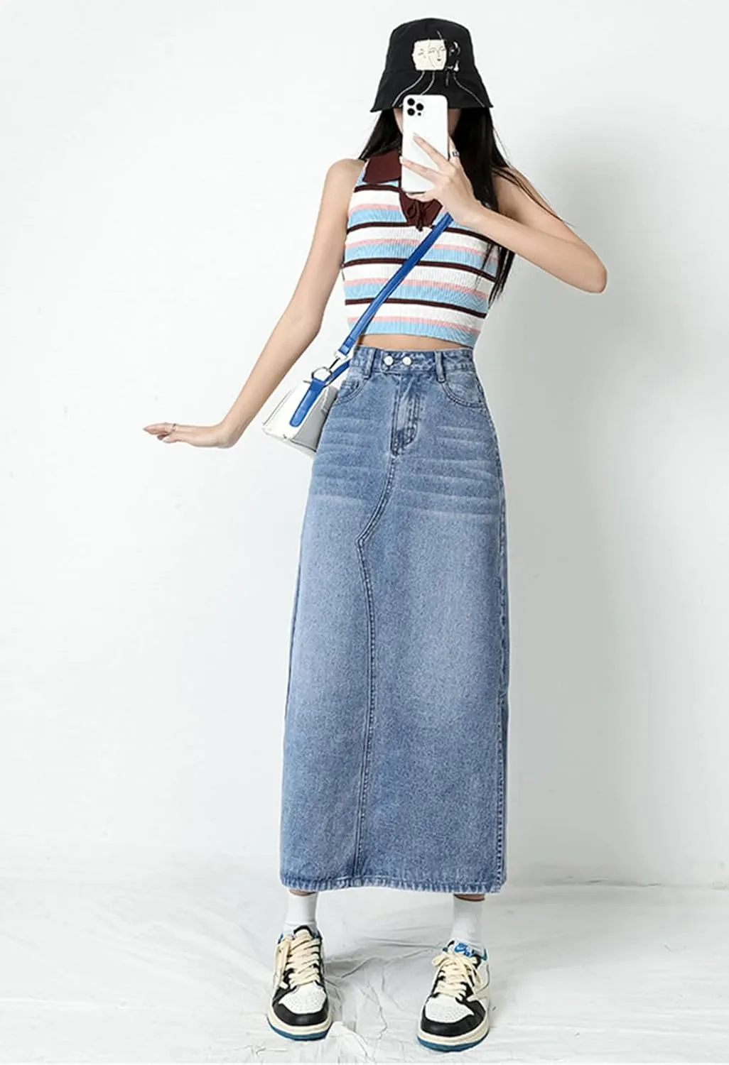 Viatabuna Denim Skirts for Women Midi Length High Waist Side Slit A Line Long Jean Skirt with Pockets