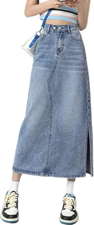Viatabuna Denim Skirts for Women Midi Length High Waist Side Slit A Line Long Jean Skirt with Pockets