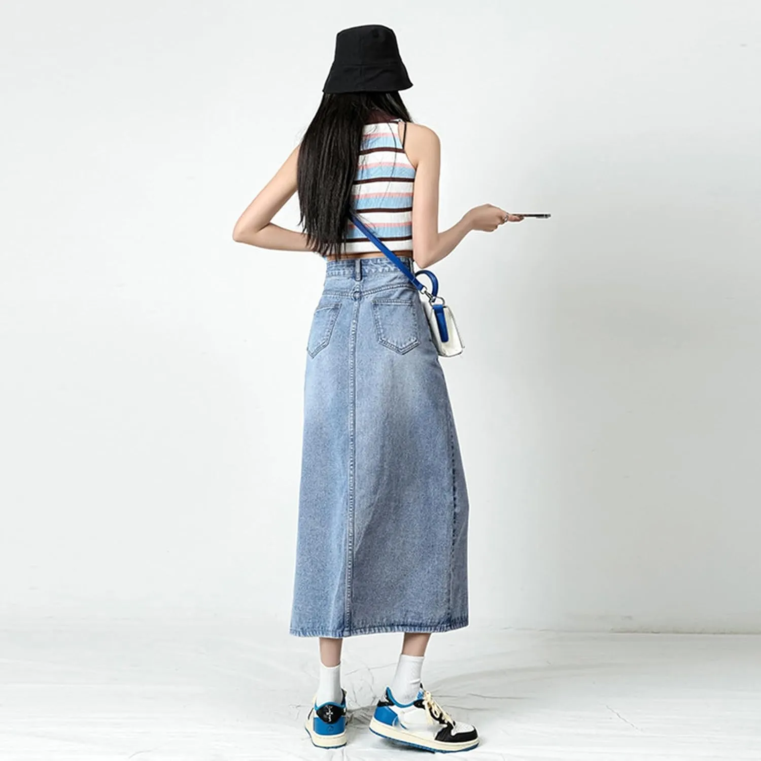 Viatabuna Denim Skirts for Women Midi Length High Waist Side Slit A Line Long Jean Skirt with Pockets