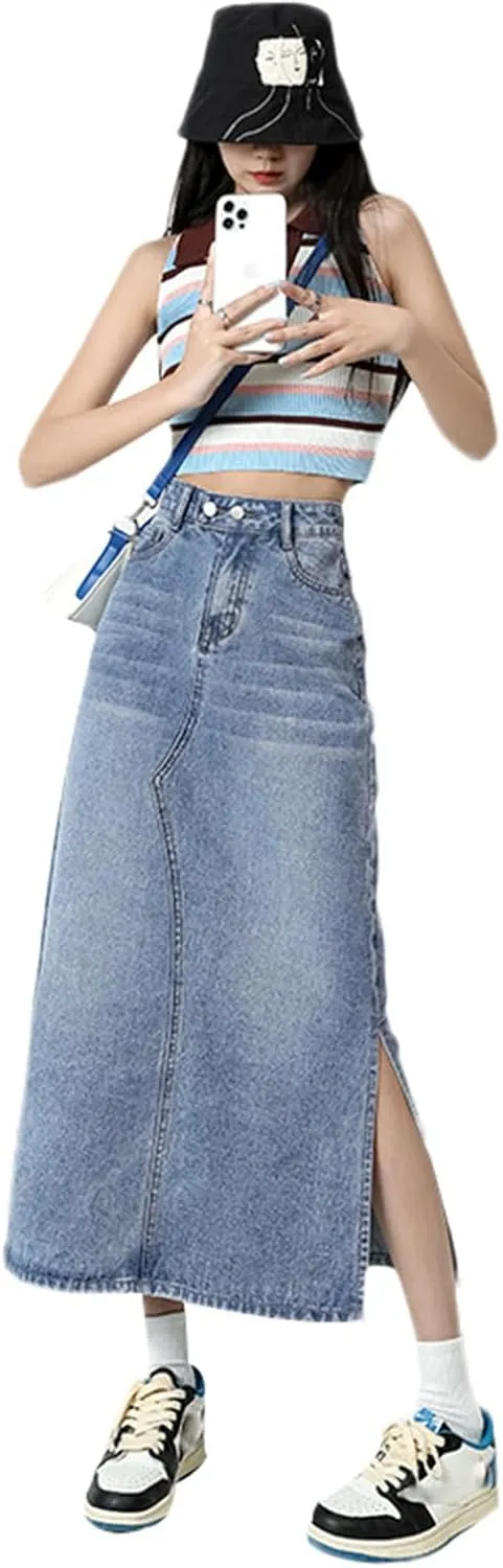 Viatabuna Denim Skirts for Women Midi Length High Waist Side Slit A Line Long Jean Skirt with Pockets