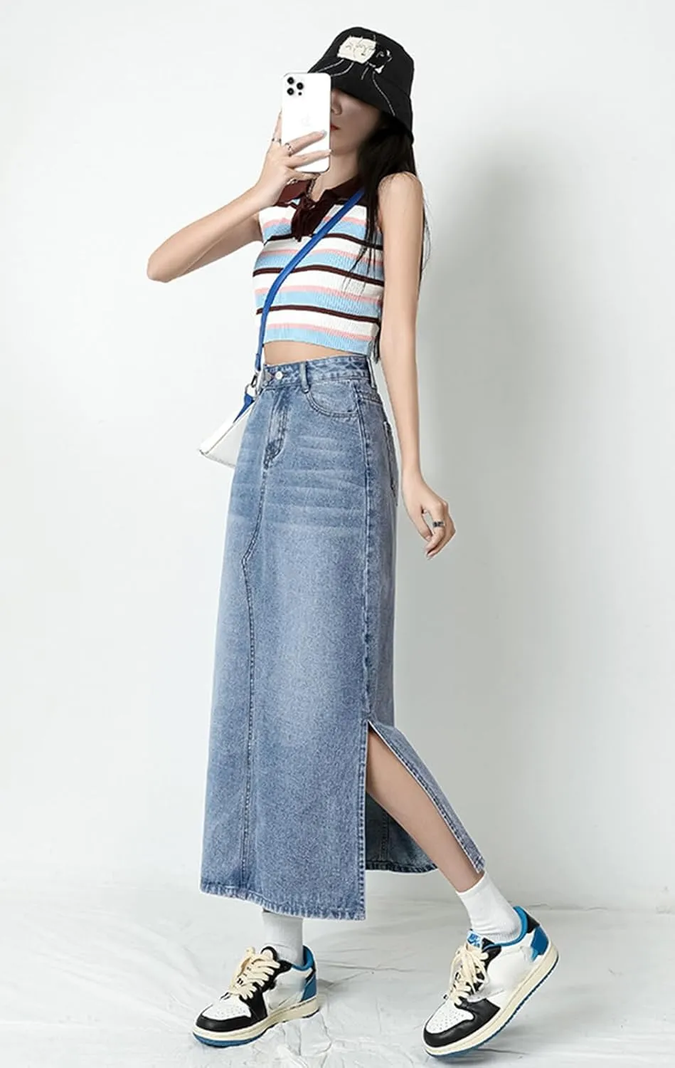 Viatabuna Denim Skirts for Women Midi Length High Waist Side Slit A Line Long Jean Skirt with Pockets