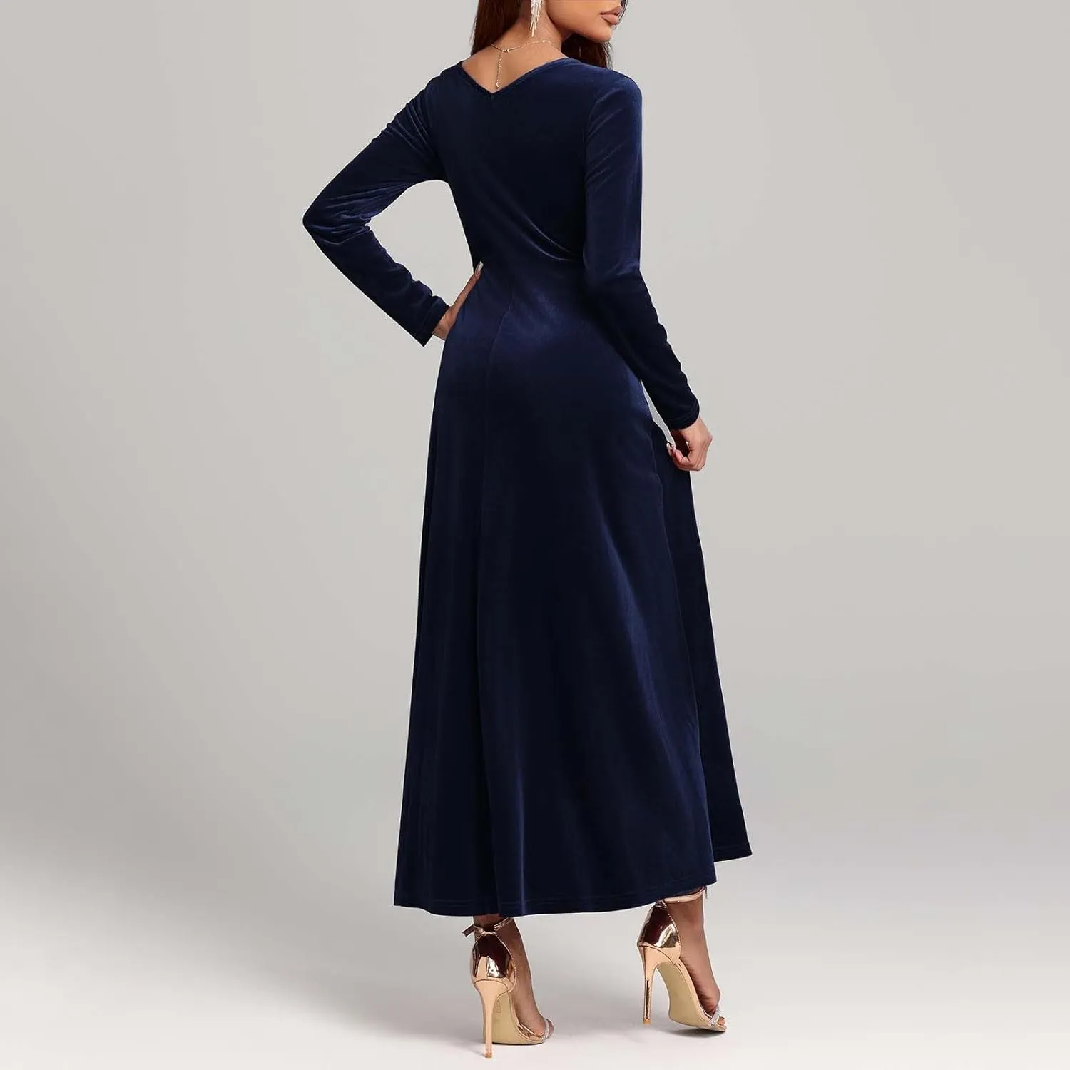 Vintage Velvet Flowy Maxi Gown for Women Square Neck Long Sleeve Empire Waist Dress Elegant Evening Formal Dresses