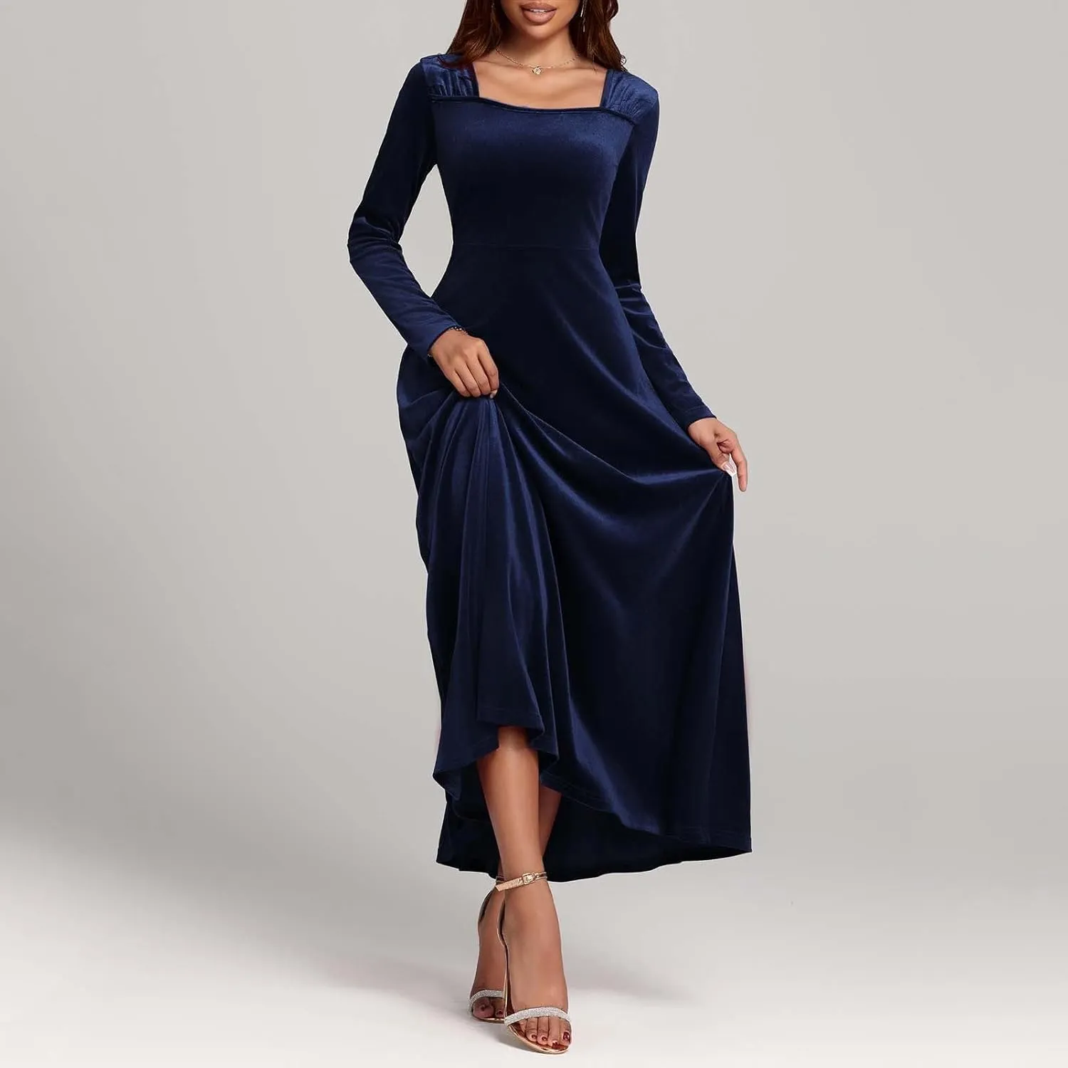 Vintage Velvet Flowy Maxi Gown for Women Square Neck Long Sleeve Empire Waist Dress Elegant Evening Formal Dresses