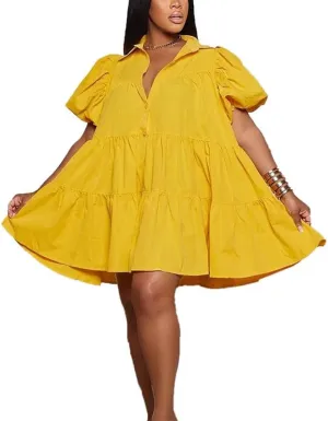 VIVICOLOR Womens Puff Sleeve Babydoll Mini Shirt Dress Button Down Lapel Ruffle Hem Mini Shirt Dress, 3X-Large