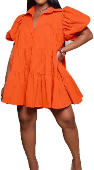 VIVICOLOR Womens Puff Sleeve Babydoll Mini Shirt Dress Button Down Lapel Ruffle Hem Mini Shirt Dress, X-Large