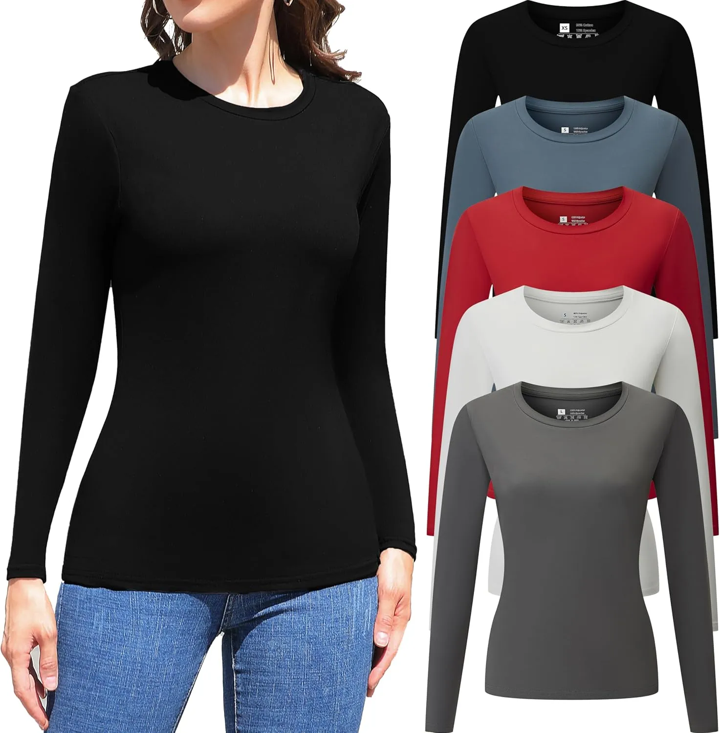 Vomidia 5 Piece Womens Crew Neck Long Sleeve Shirts Basic Tops Fall Fashion Layering Slim Fitted Y2k Tops