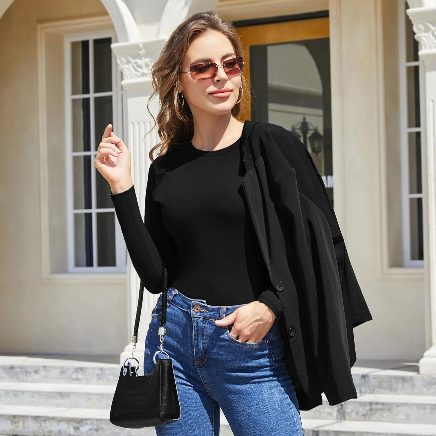 Vomidia 5 Piece Womens Crew Neck Long Sleeve Shirts Basic Tops Fall Fashion Layering Slim Fitted Y2k Tops