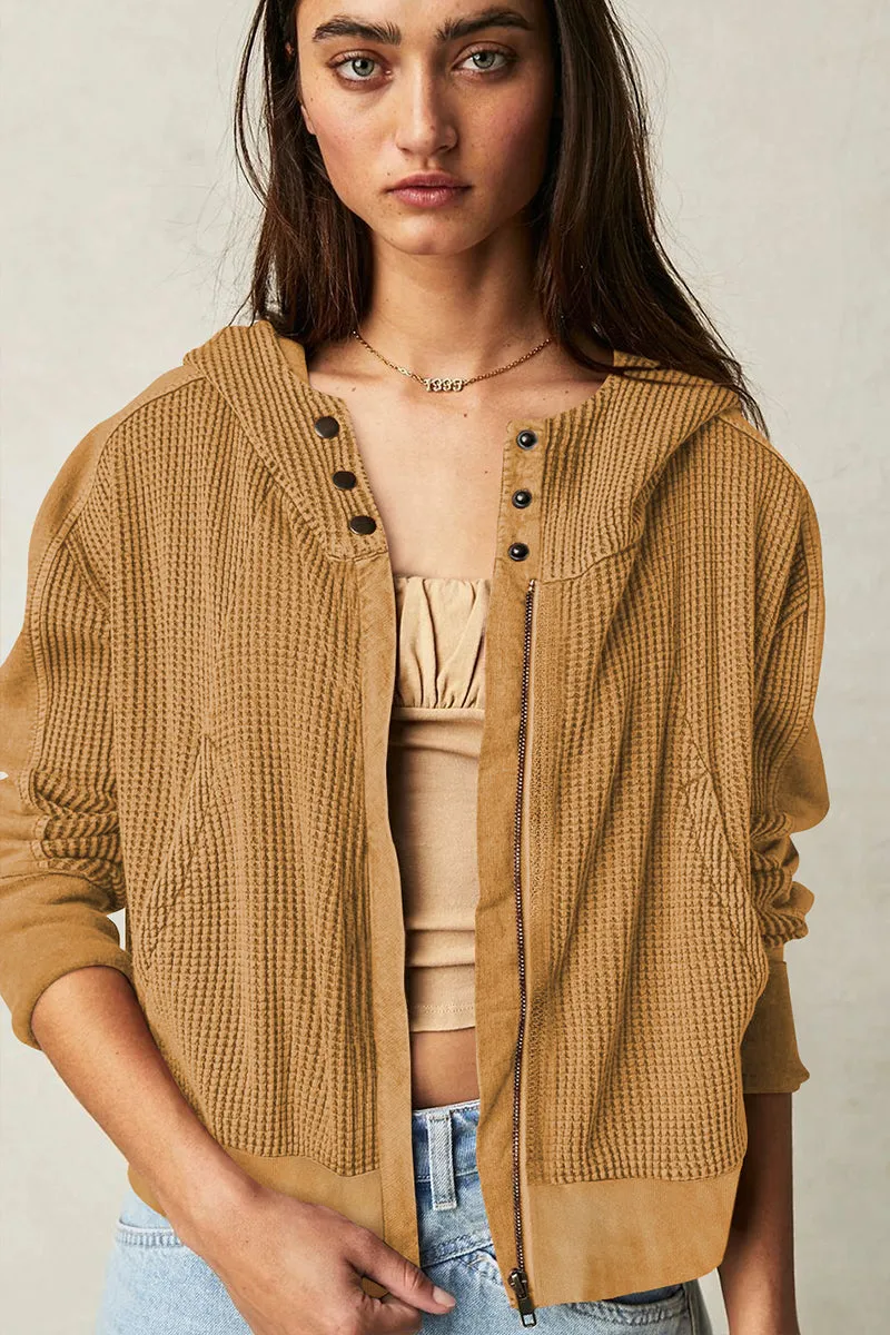 Waffle Knit Zipper Button Hoodie With Pocket