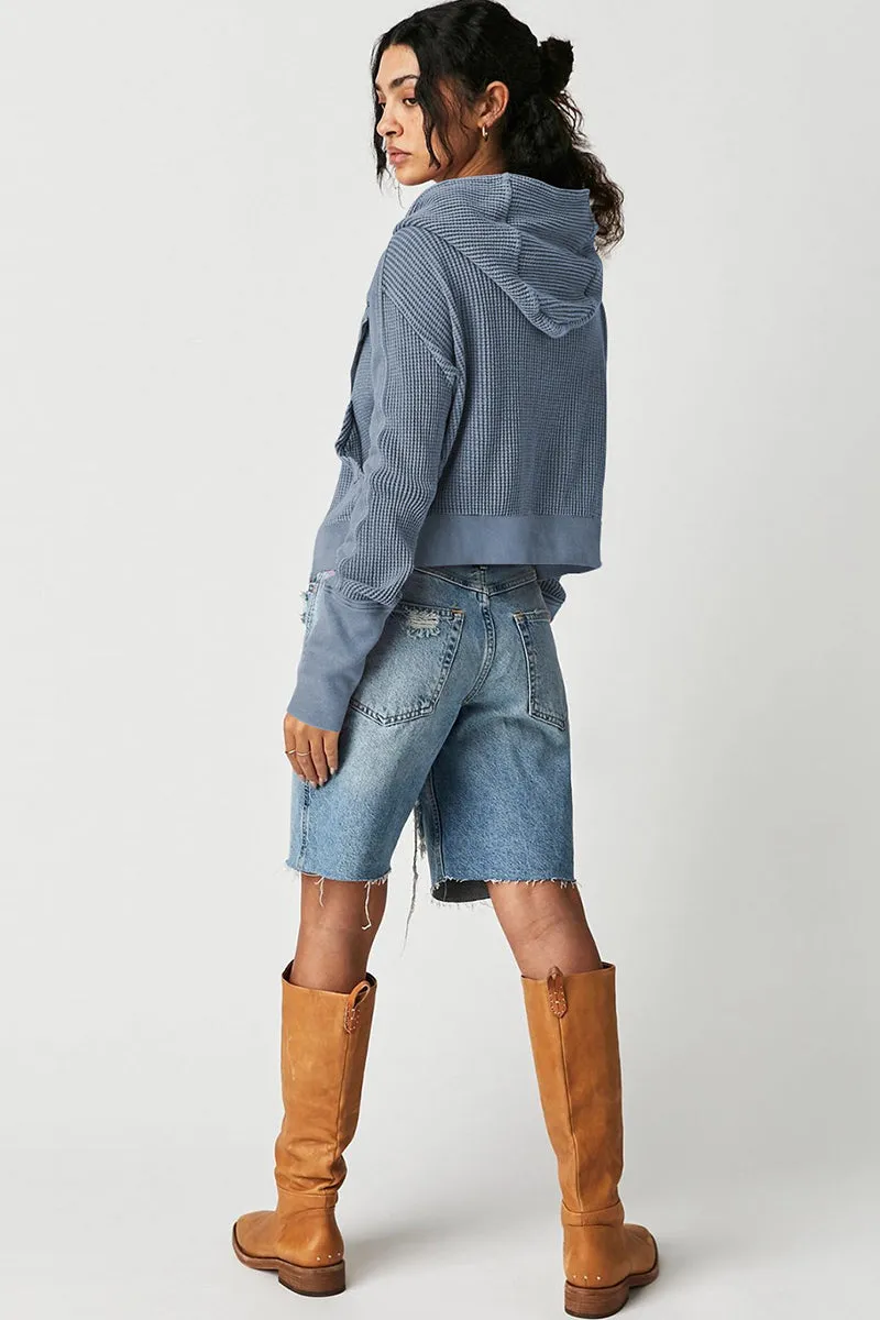 Waffle Knit Zipper Button Hoodie With Pocket