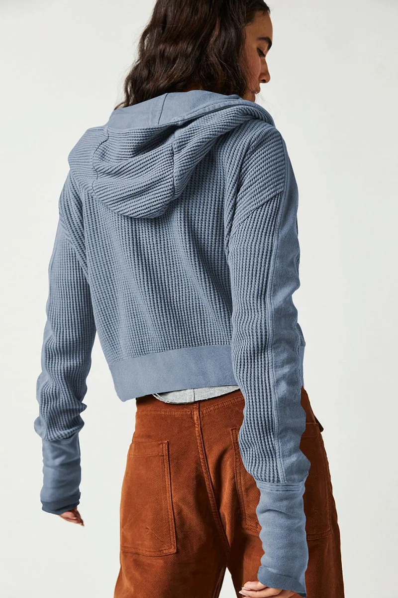 Waffle Knit Zipper Button Hoodie With Pocket