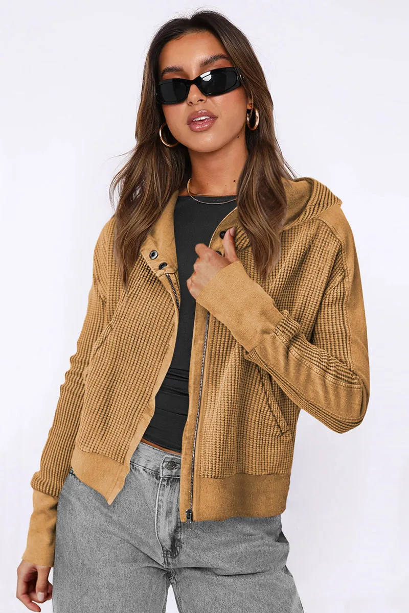 Waffle Knit Zipper Button Hoodie With Pocket
